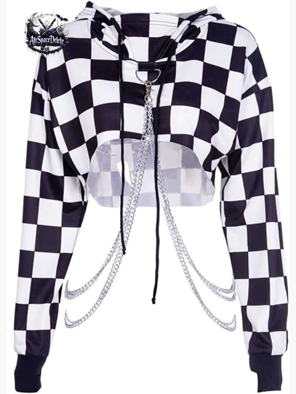 Gothic Crop Hoodie Long Sleeve Punk Plaid Top Grunge Harajuku Alt Shirt